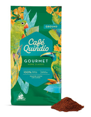 Cafe Quindio medium roast ground arabica coffee in a 12oz bag, ready to brew.