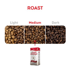 Café Santo Domingo INDUBAN 16oz ground coffee beans close-up, showcasing quality.