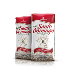 Packaging for Café Santo Domingo INDUBAN with two 16-ounce ground coffee bags.