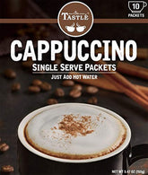Cafe Tastlé cappuccino box showing 10 sachets for quick, café-quality beverages.