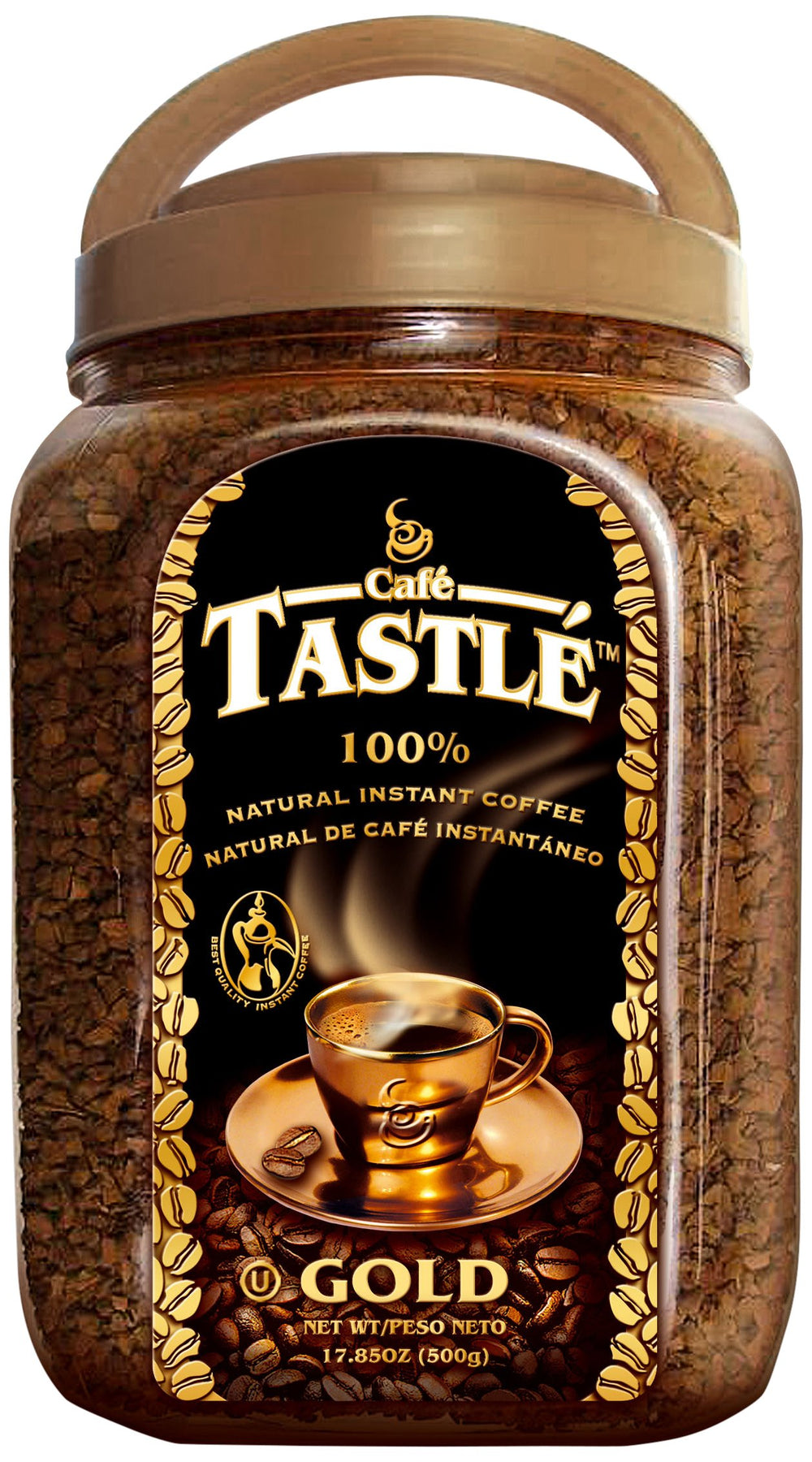 Café TASTLÉ Gold freeze-dried coffee jar on kitchen counter, premium aroma ready for quick mornings.
