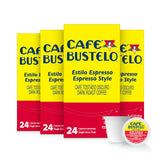 Cafe Bustelo espresso-style dark roast pods front box ready for quick mornings.