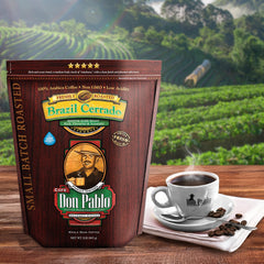 Cafe Don Pablo Brazil Cerrado coffee beans close-up with rich aroma promise.