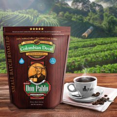 Cafe Don Pablo Decaf Swiss Water Process label emphasizes chemical-free decaf.
