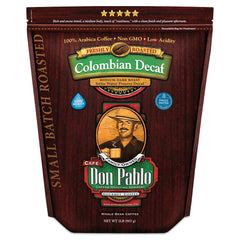 Cafe Don Pablo Colombian Decaf bag front highlighting premium Arabica quality.