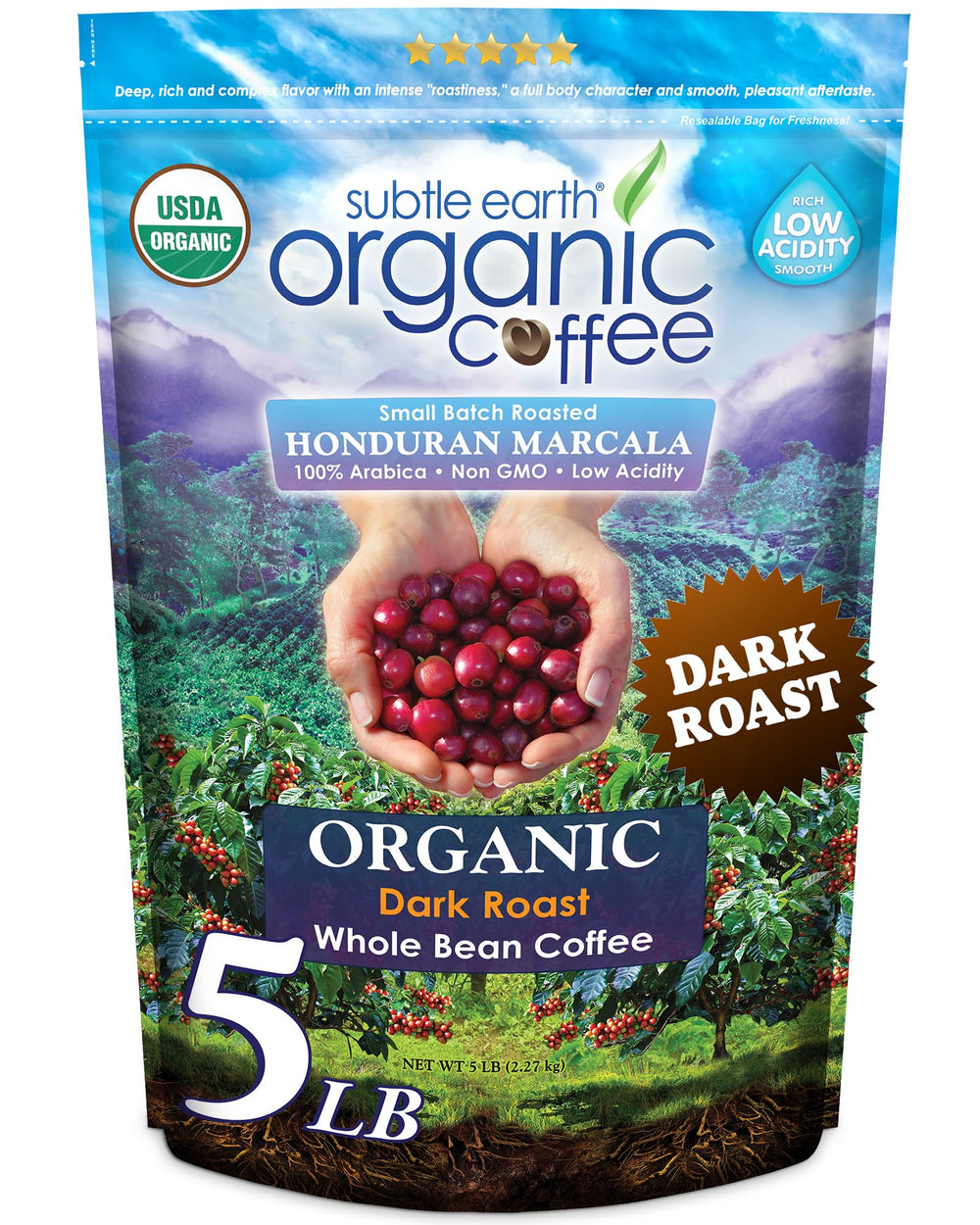 Cafe Don Pablo Subtle Earth Organic Coffee beans in dark roast for a bold morning start