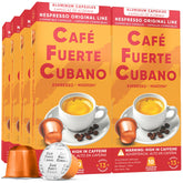 Café Fuerte Cubano packaging close-up, recyclable aluminum capsules preserving freshness.