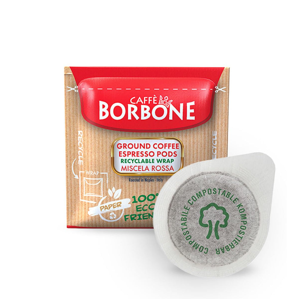 Caffè Borbone red blend pod packaging highlights freshness and eco-friendly design for home use.