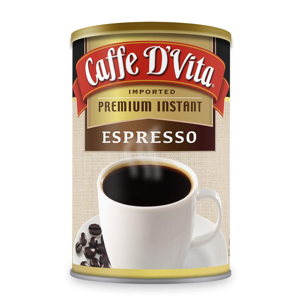 Caffe D'Vita espresso powder can close-up showing rich aroma for authentic espresso.