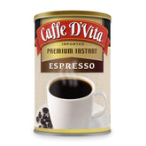 Caffe D'Vita espresso powder can close-up showing rich aroma for authentic espresso.