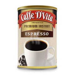 Caffe D'Vita espresso powder can close-up showing rich aroma for authentic espresso.