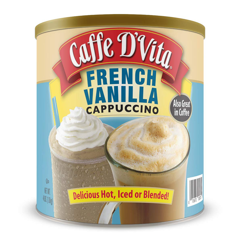 Caffe D'Vita French Vanilla Cappuccino Mix can for creamy, anytime indulgence.
