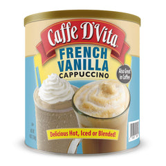 Caffe D'Vita French Vanilla Cappuccino Mix can for creamy, anytime indulgence.