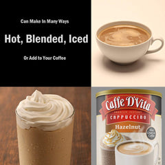 Caffe D'Vita Hazelnut Cappuccino Blend showcases rich foam for hot or iced drinks.
