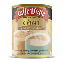 Caffe D'Vita Spiced Chai Latte mix in a 1 lb can, premium beverage blend.