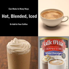 Caffe D'Vita White Chocolate Cappuccino mix blended cup with ice cream, creamy texture.