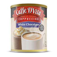 Caffe D'Vita White Chocolate Cappuccino mix packaging front highlights premium ingredients.