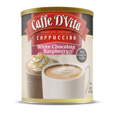 Caffe D'Vita white chocolate raspberry cappuccino packaging for convenient at-home indulgence.
