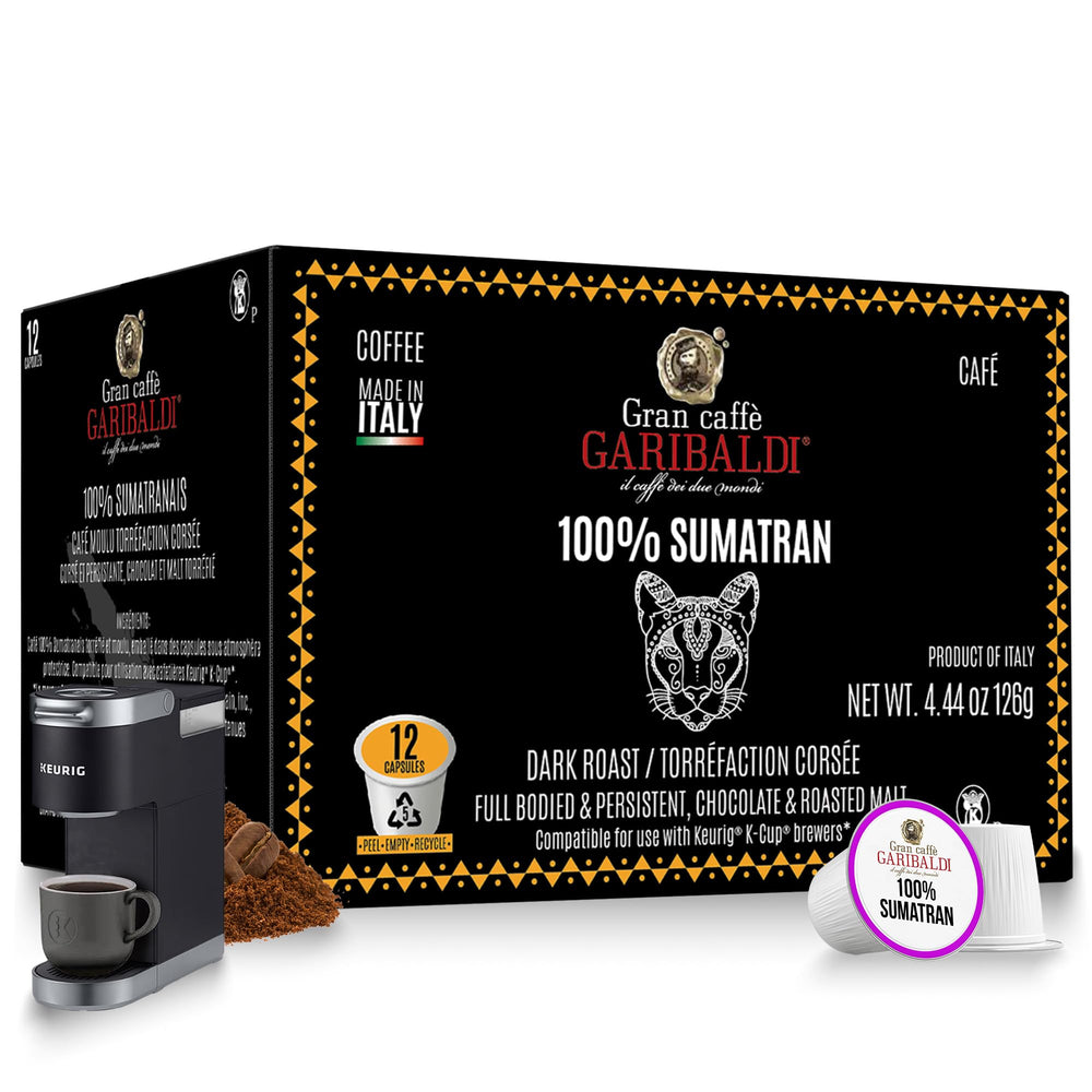 Caffè Garibaldi Sumatran coffee pods ready for Keurig brewers for bold aroma.