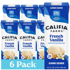 Califia Farms French Vanilla Almond Milk Creamer bottle adds rich, dairy-free flavor to coffee.