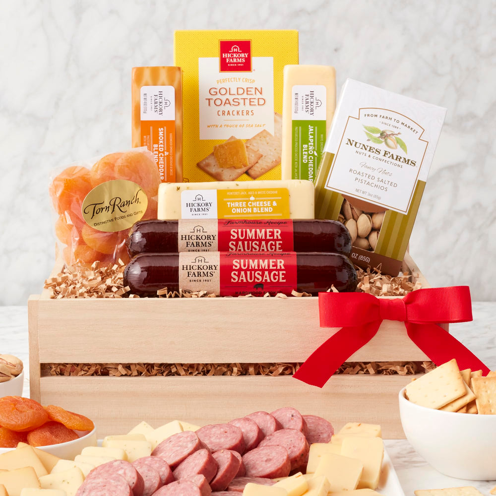 California Delicious meat and cheese gift crate in a wooden box, ideal for gifting.