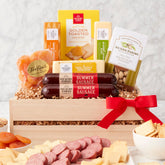 California Delicious meat and cheese gift crate in a wooden box, ideal for gifting.