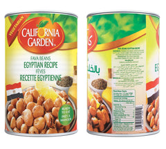 California Garden Egyptian Style Fava Beans four-pack, ready-to-eat, ideal for quick vegetarian sides.
