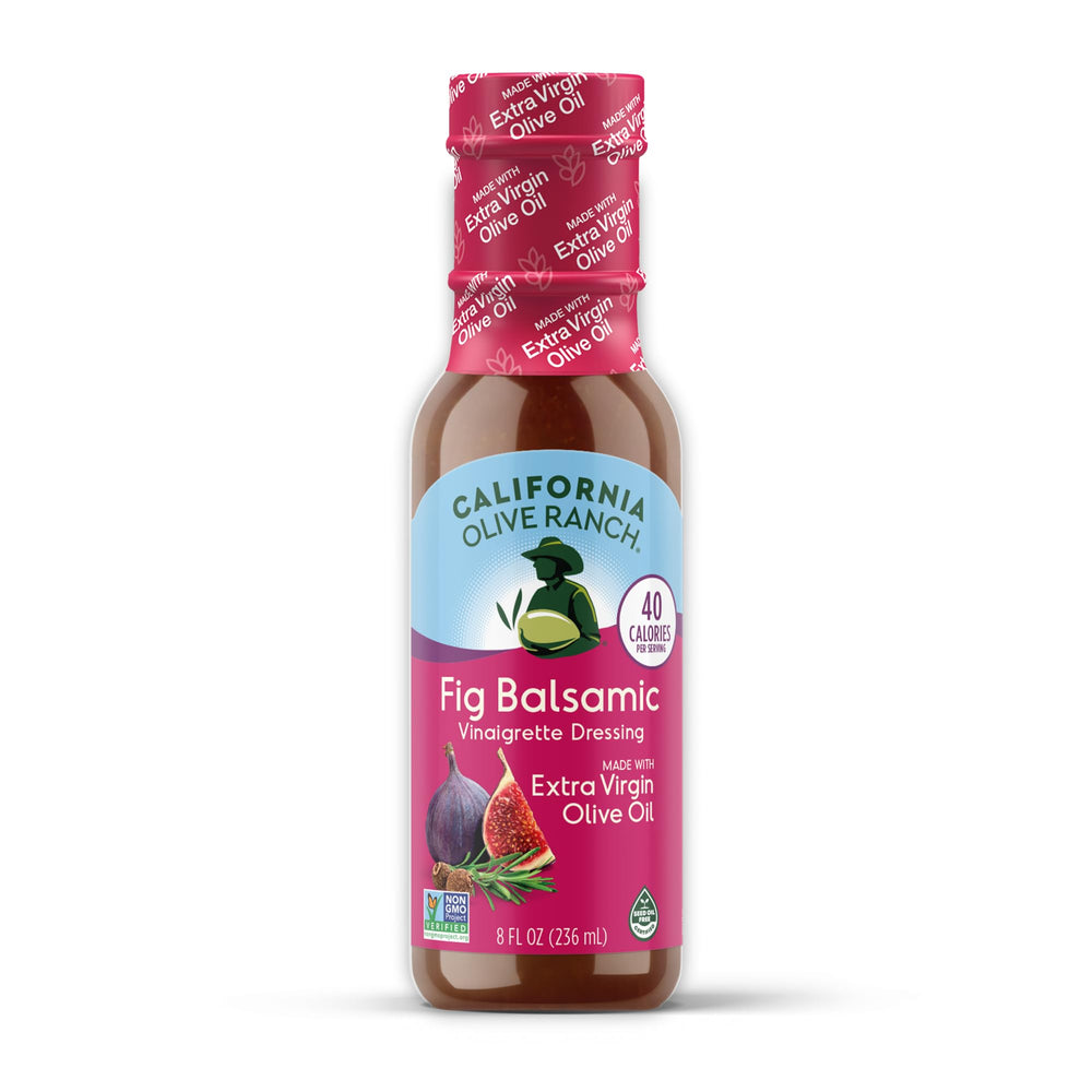 California Olive Ranch Vinaigrette Fig Balsamic bottle closeup for premium salads.