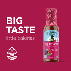 California Olive Ranch Vinaigrette Fig Balsamic glass bottle on kitchen counter.