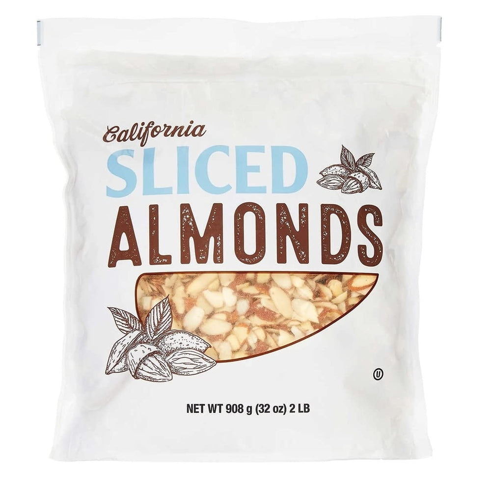 California sliced almonds in a 2lb bag, ready for snacking.