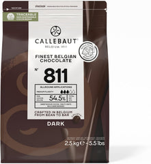 Callebaut No 811 dark chocolate callets close-up for smooth melting and even tempering.