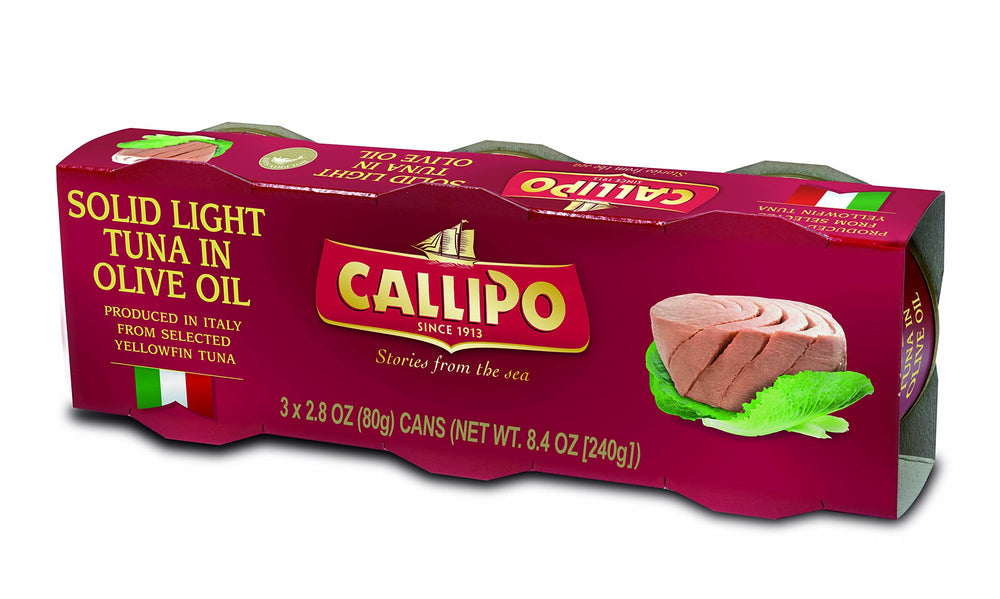 Callipo tuna in olive oil tin closeup highlights glossy oil and tender flakes for quick meals.