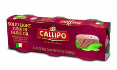 Callipo tuna in olive oil tin closeup highlights glossy oil and tender flakes for quick meals.