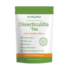 Calming Blends Diverticulitis ingredients display highlighting organic herbs for flavor.