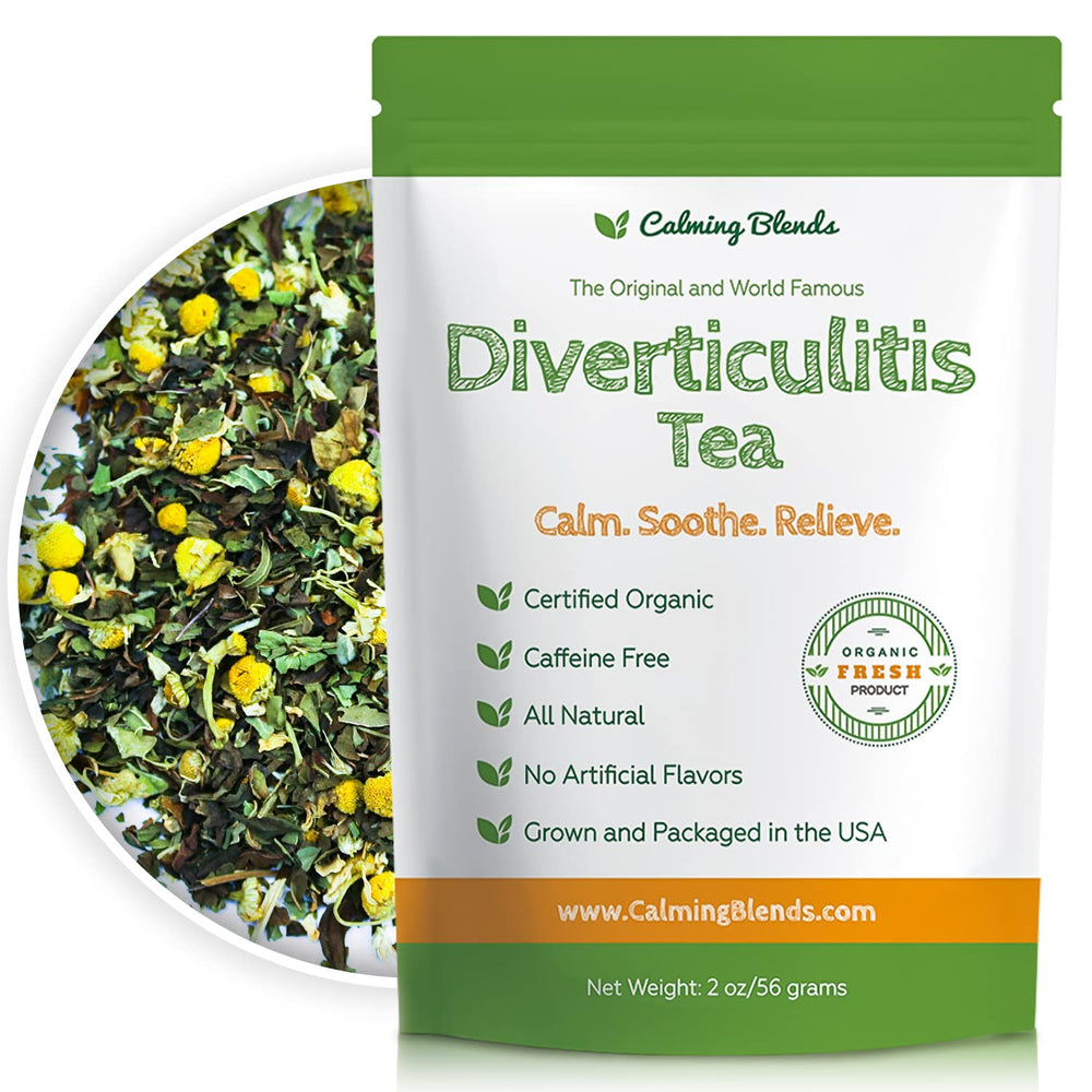 Calming Blends Diverticulitis Tea cup steaming for caffeine-free relaxation after meals.