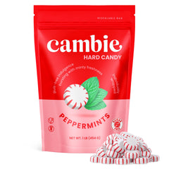 Cambie sugar-free peppermint hard candy package shows multiple mints for shareable snacking.