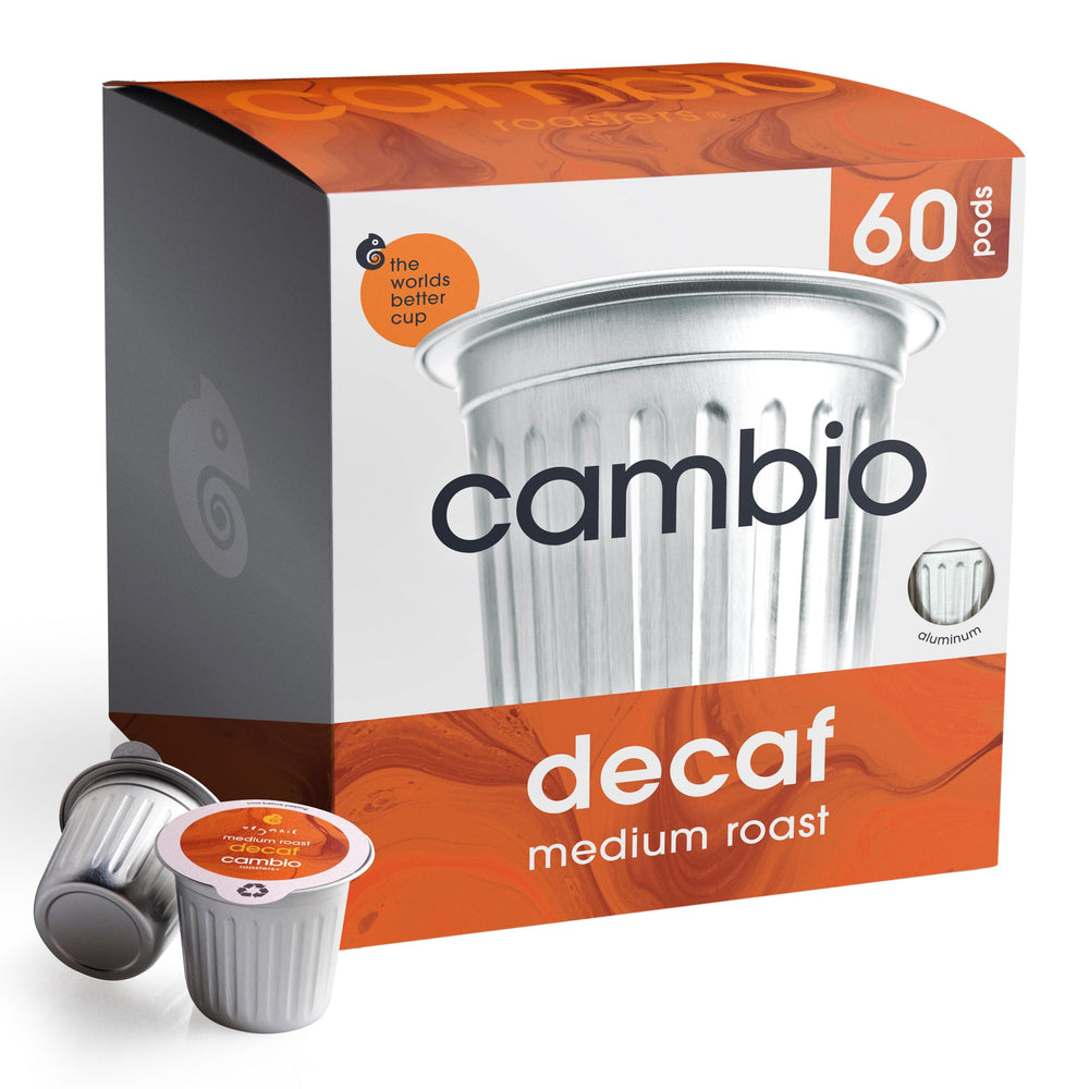 Cambio Roasters decaf medium roast pods ready for a smooth, caffeine-free morning brew.