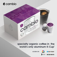 Cambio Roasters organic aluminum pod close-up highlighting BPA-free lining for fresher cups.