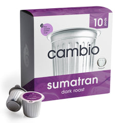 Cambio Roasters Sumatran Dark Roast pods in a 10-count box for Keurig brewers, convenient single-serve.