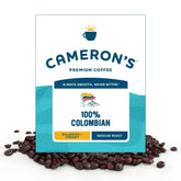 Cameron's Coffee 100percent Colombian whole-bean bag with rich aroma, ideal for morning grind