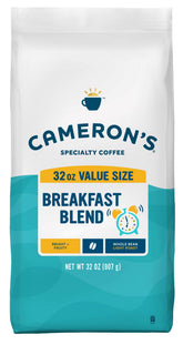 Cameron's Breakfast Blend whole beans in a 32 oz bag ready for home brewing