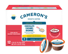 Cameron's Coffee Chocolate Caramel Brownie packaging interior shows eco-friendly pod design.