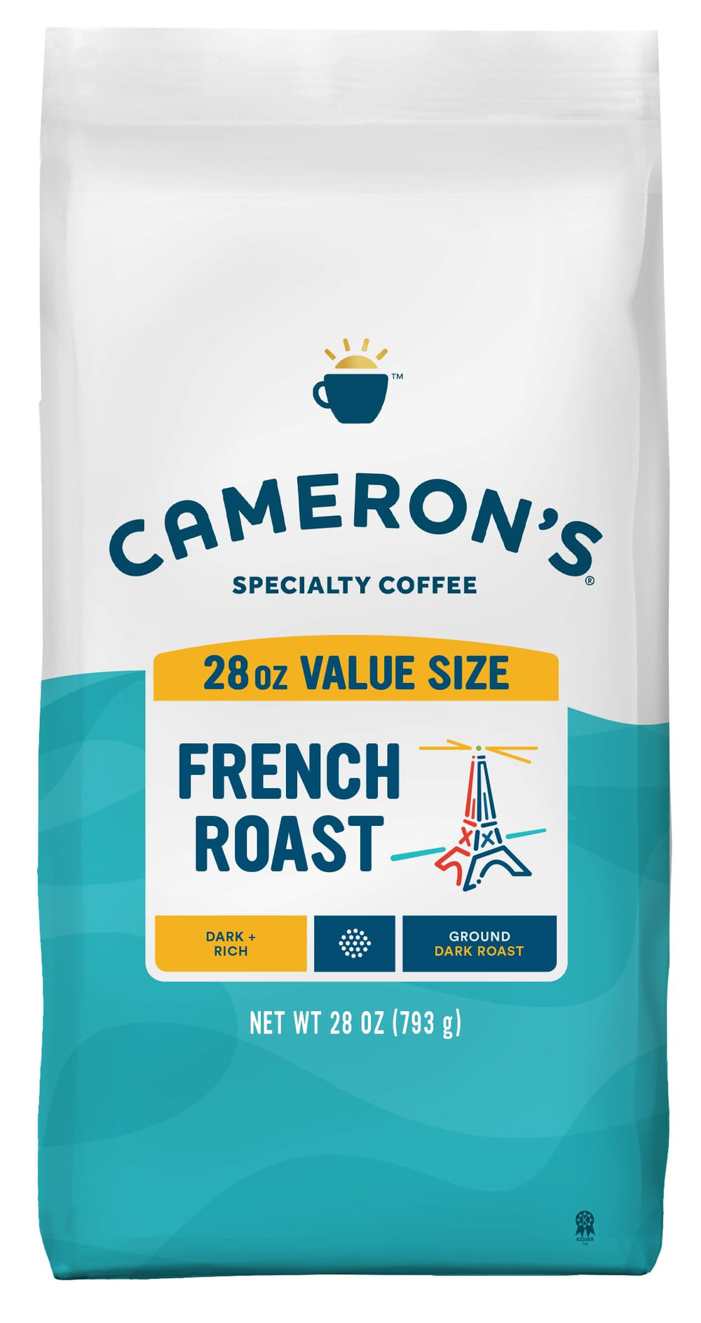 Cameron's Coffee French Roast 28oz bag on counter, ready to brew a bold morning