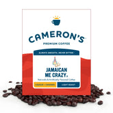 Cameron's Coffee Jamaican Me Crazy bag on counter, rich flavor for bright mornings.