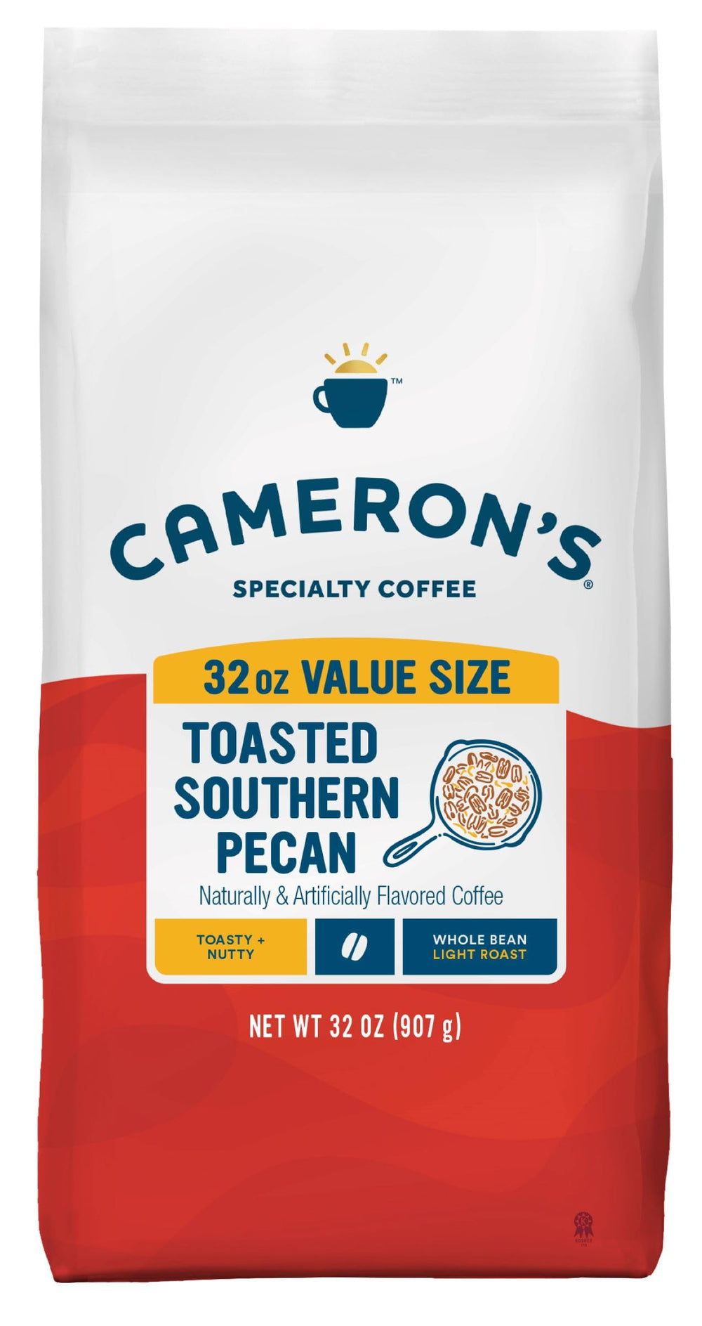 Cameron's Coffee Toasted Southern Pecan bag close-up with premium 32 oz packaging and inviting aroma.