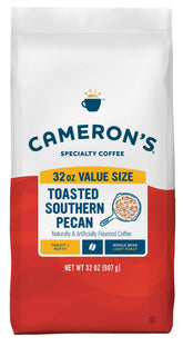 Cameron's Coffee Toasted Southern Pecan bag close-up with premium 32 oz packaging and inviting aroma.