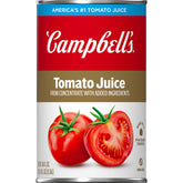 Campbell's 100% Tomato Juice can front view showing vine-ripened tomatoes for everyday meals.