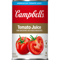 Campbell's 100% Tomato Juice can front view showing vine-ripened tomatoes for everyday meals.