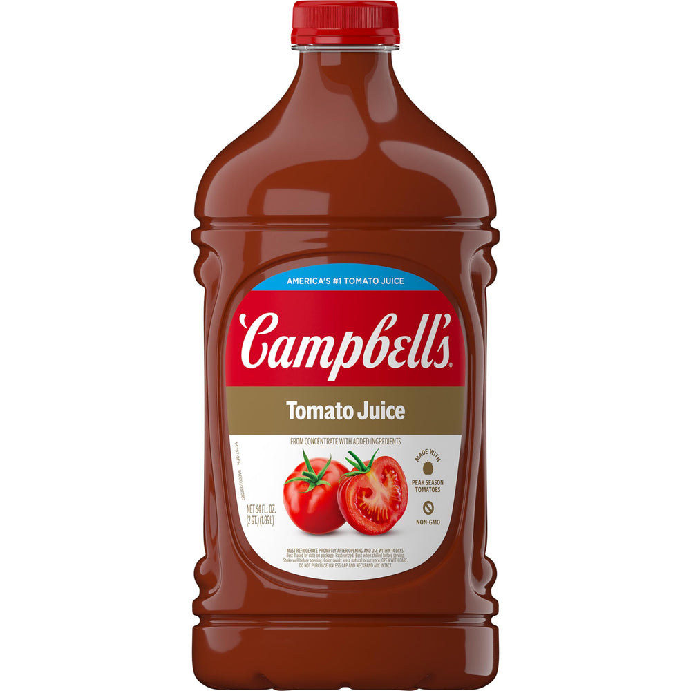 Campbell's 100% Tomato Juice in a 64 oz bottle with rich, smooth flavor for everyday sipping.