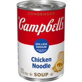 Campbell's 25% less sodium chicken noodle soup can front for quick comfort.